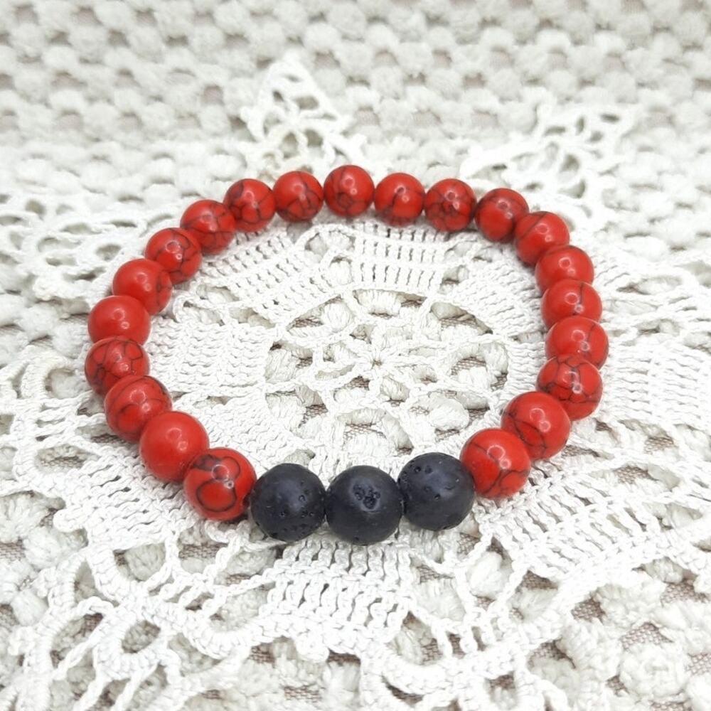 Artisan Red Howlite Beaded Bracelet 8mm Black Lava Stone Diffuser Unisex Boho